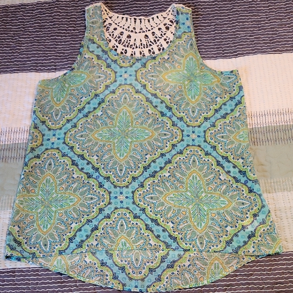 Maurices Green and Blue Patterned Tank Top with Lace Neckline